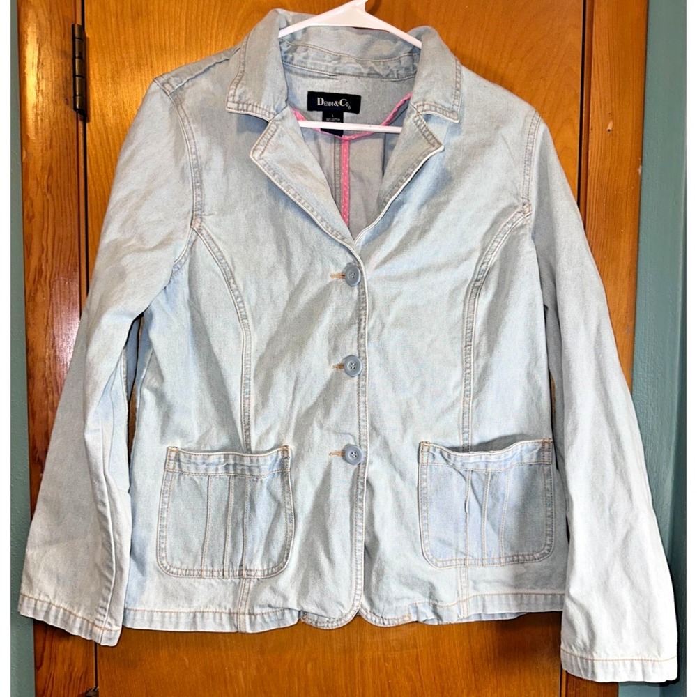 Denim‎ & Co. Womens Light Wash 100% Cotton Denim 3 Button Blazer Jean Jacket L